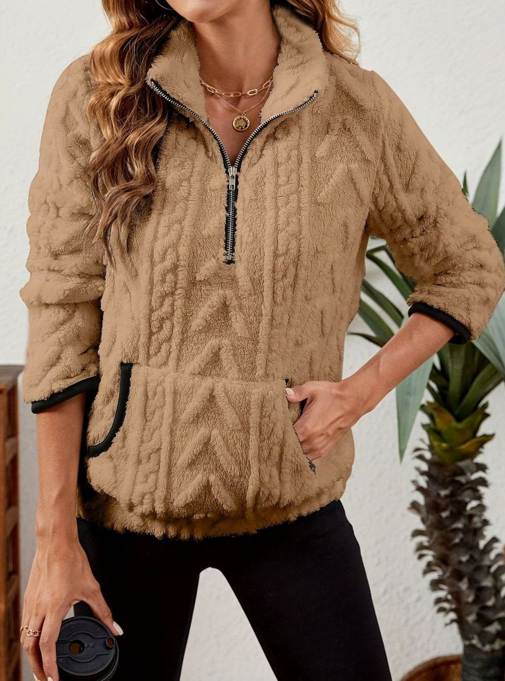 Women's Fleece Half-Zip Pullover Sweater Kangaroo Pocket