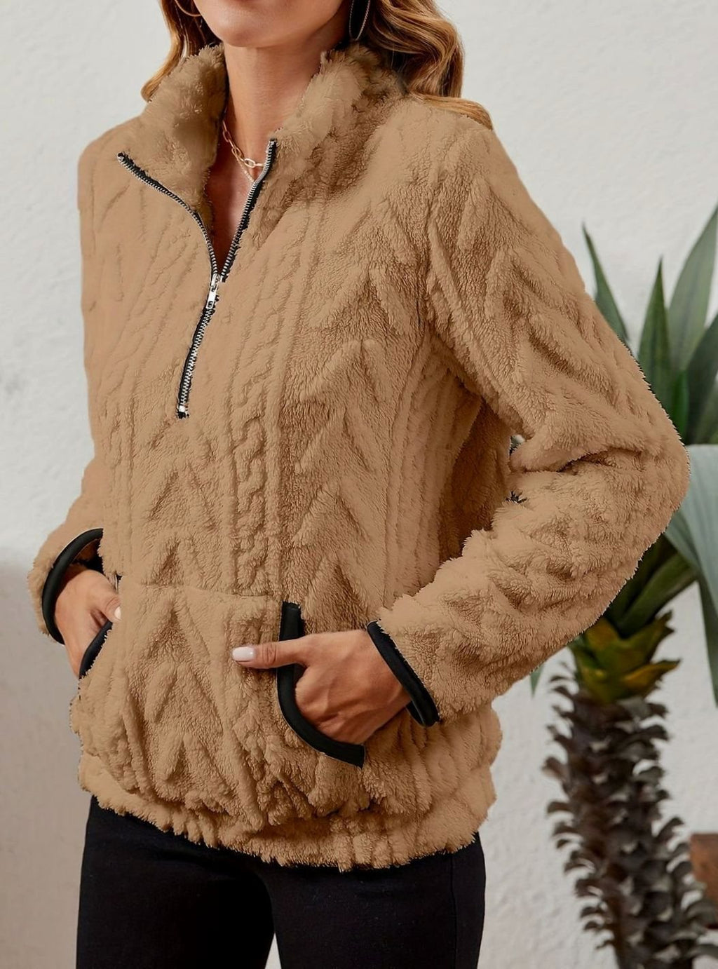 Women's Fleece Half-Zip Pullover Sweater Kangaroo Pocket