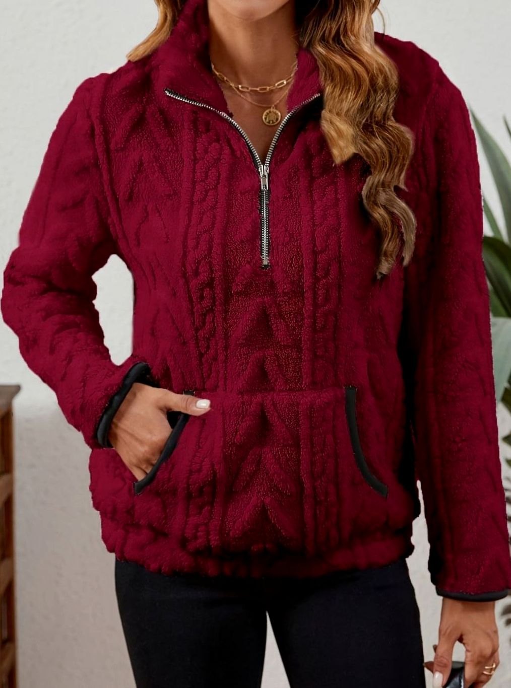 Women's Fleece Half-Zip Pullover Sweater Kangaroo Pocket