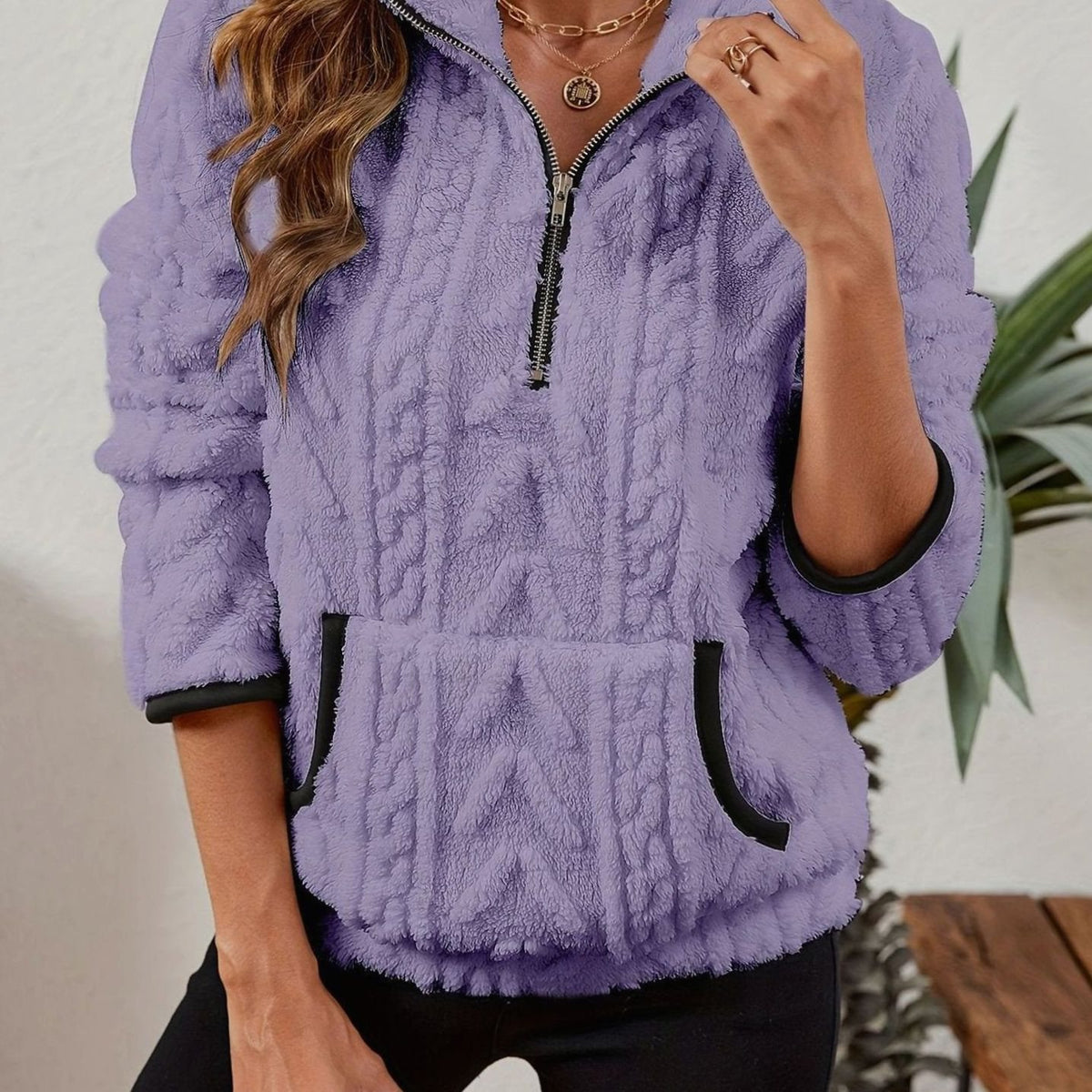 Women's Fleece Half-Zip Pullover Sweater Kangaroo Pocket - Purple