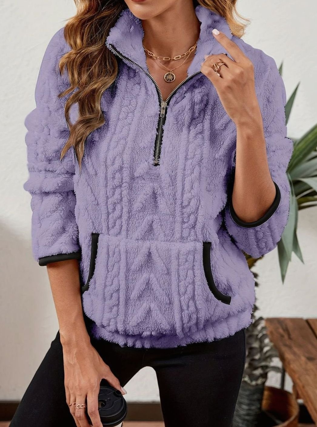 Women's Fleece Half-Zip Pullover Sweater Kangaroo Pocket