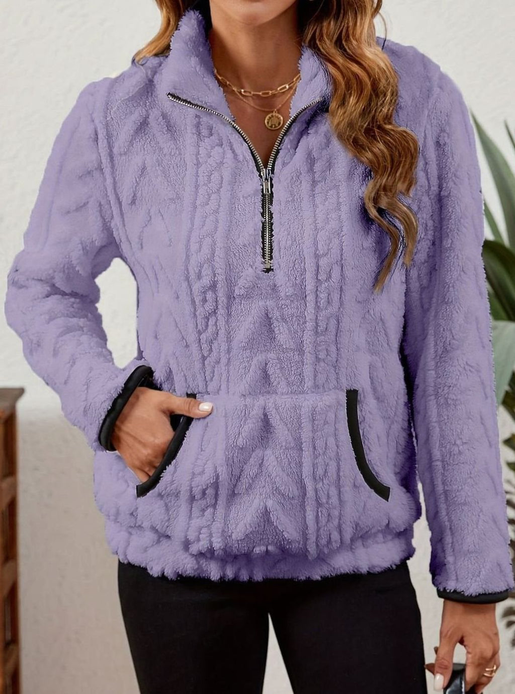 Women's Fleece Half-Zip Pullover Sweater Kangaroo Pocket