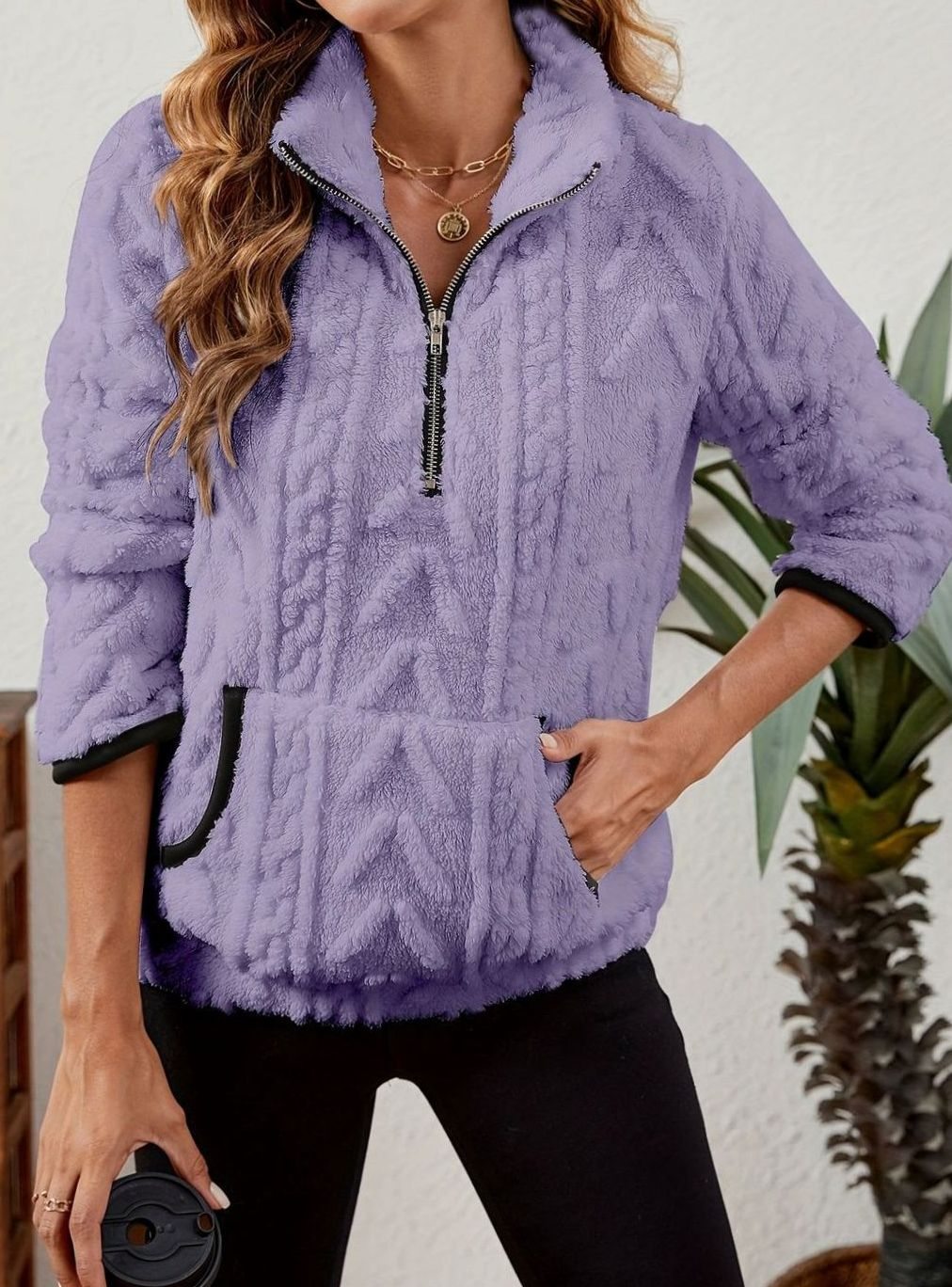 Women's Fleece Half-Zip Pullover Sweater Kangaroo Pocket