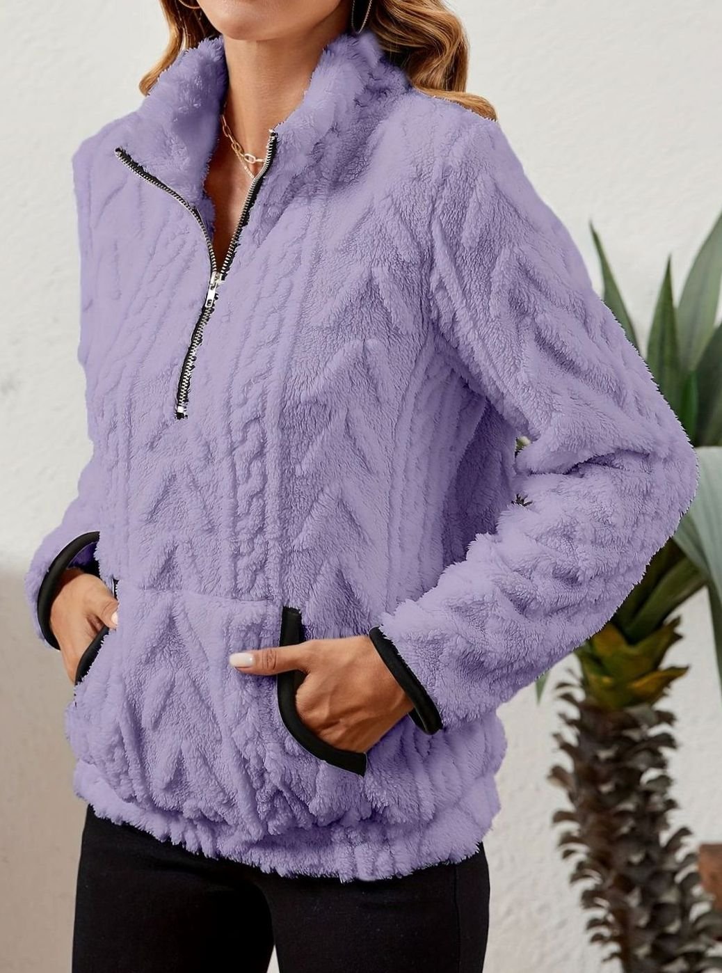 Women's Fleece Half-Zip Pullover Sweater Kangaroo Pocket