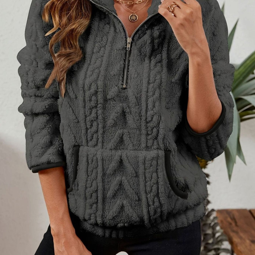 Women's Fleece Half-Zip Pullover Sweater Kangaroo Pocket - Dark Gray