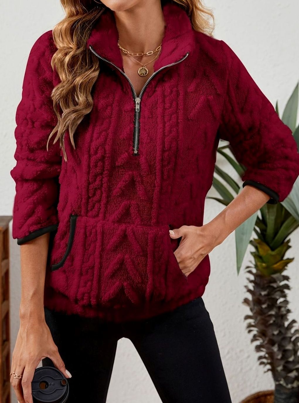 Women's Fleece Half-Zip Pullover Sweater Kangaroo Pocket