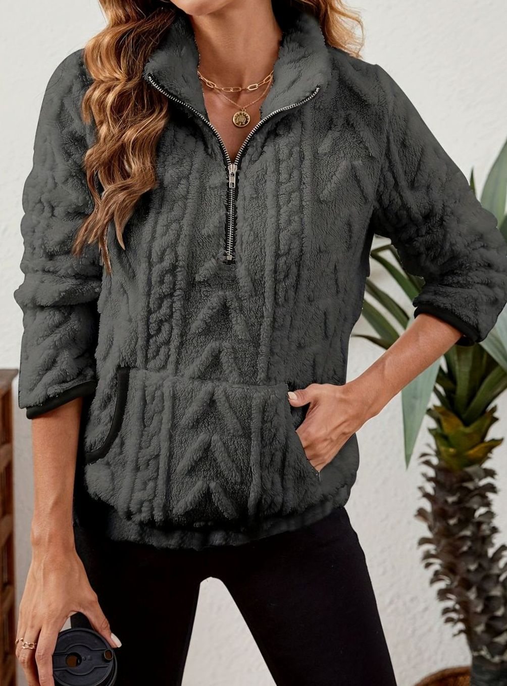 Women's Fleece Half-Zip Pullover Sweater Kangaroo Pocket