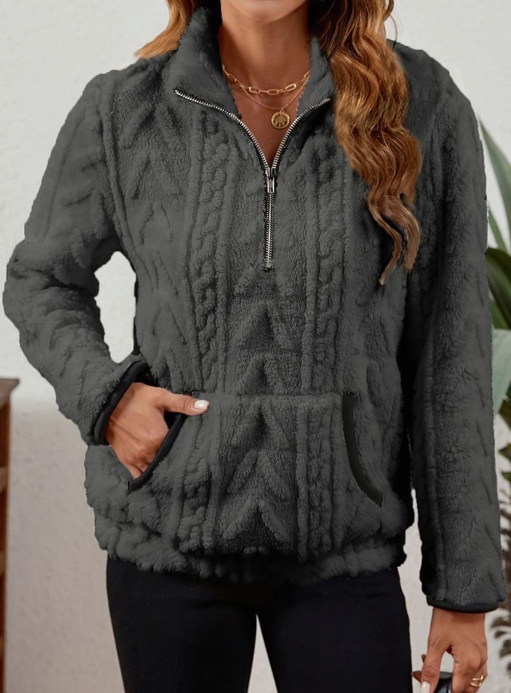 Women's Fleece Half-Zip Pullover Sweater Kangaroo Pocket