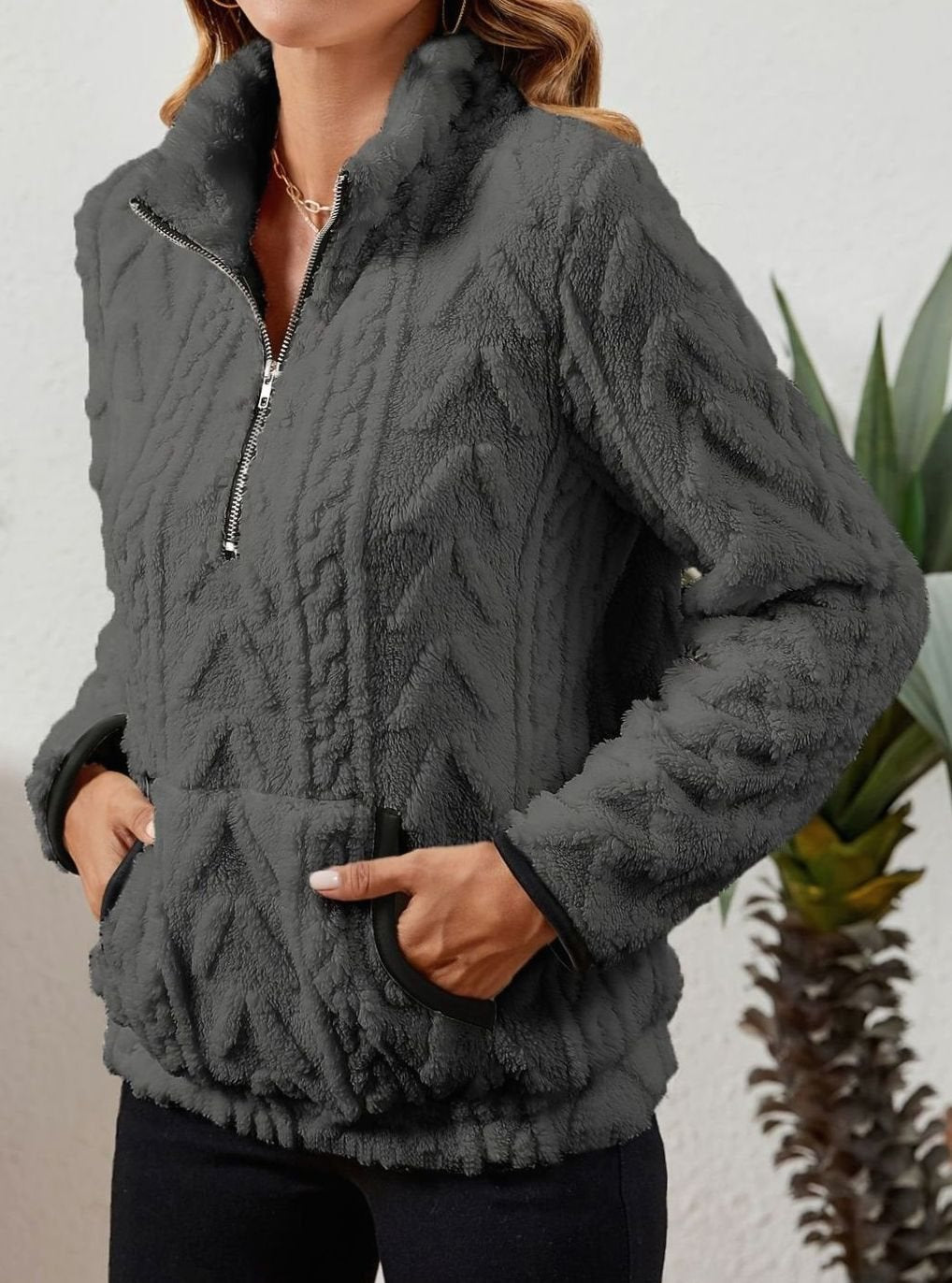 Women's Fleece Half-Zip Pullover Sweater Kangaroo Pocket