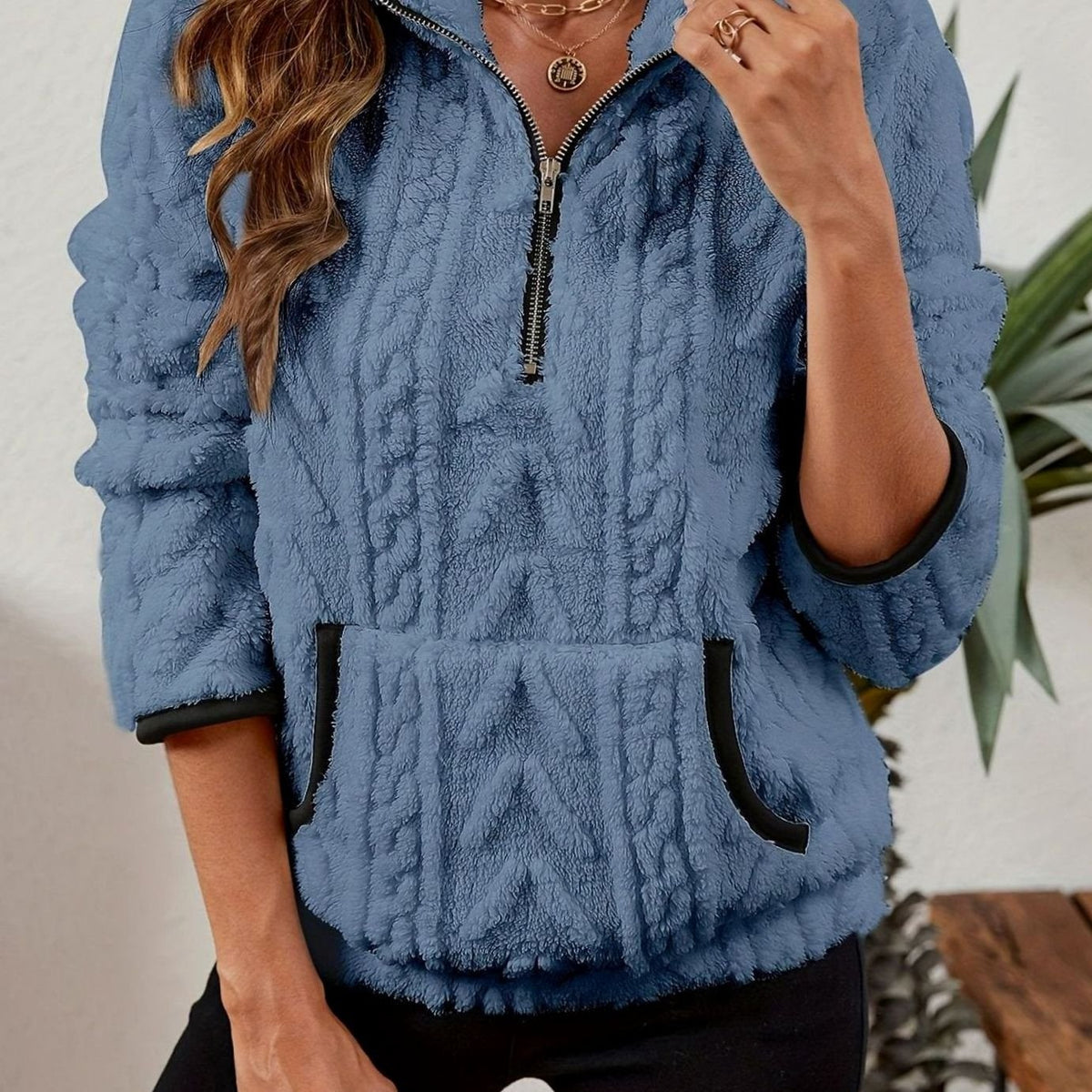 Women's Fleece Half-Zip Pullover Sweater Kangaroo Pocket - Blue