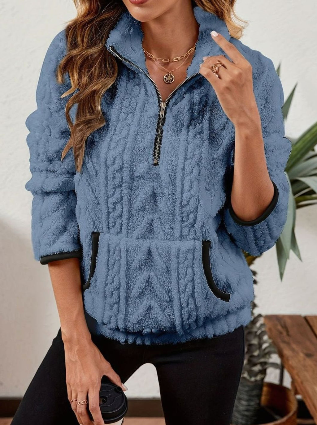 Women's Fleece Half-Zip Pullover Sweater Kangaroo Pocket