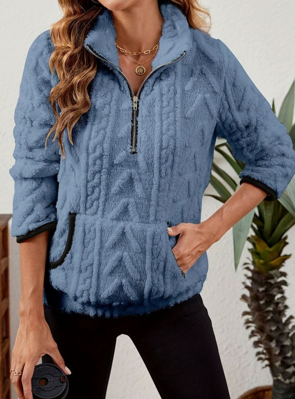 Women's Fleece Half-Zip Pullover Sweater Kangaroo Pocket