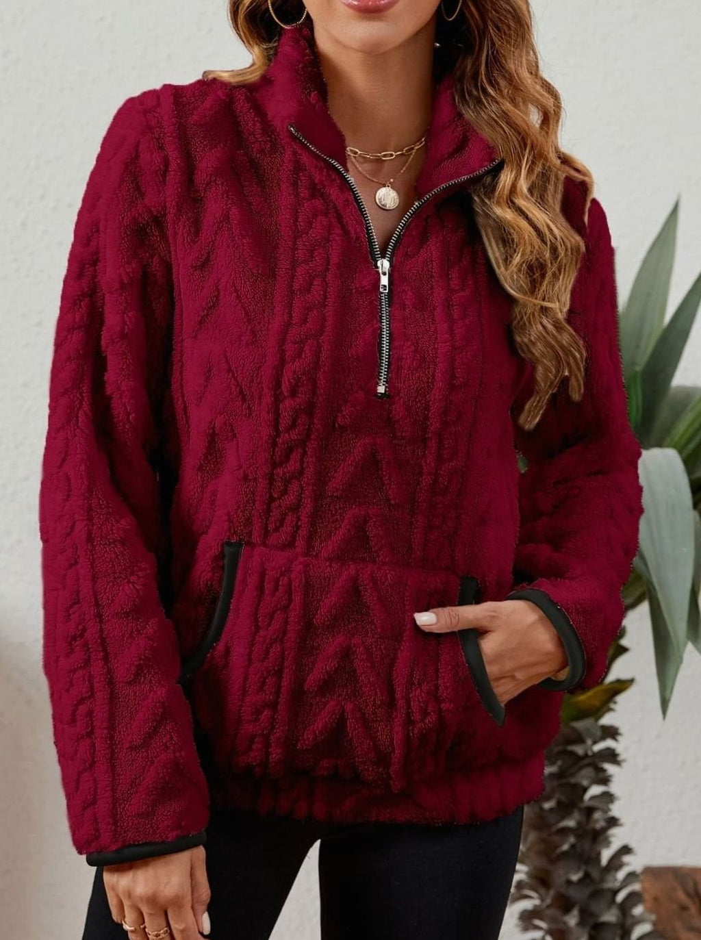 Women's Fleece Half-Zip Pullover Sweater Kangaroo Pocket