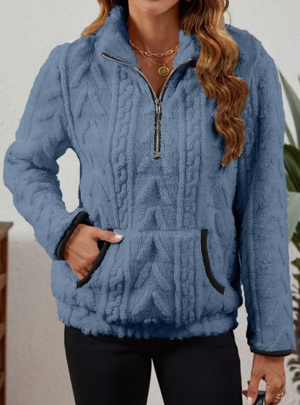 Women's Fleece Half-Zip Pullover Sweater Kangaroo Pocket