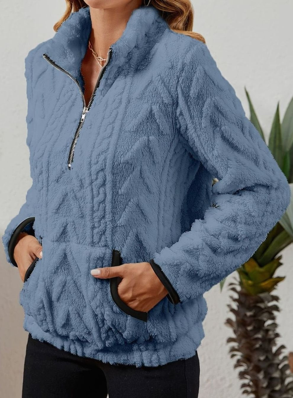 Women's Fleece Half-Zip Pullover Sweater Kangaroo Pocket
