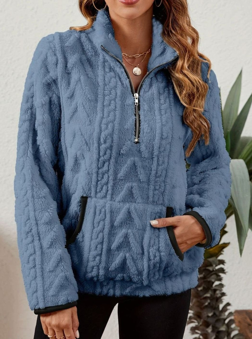 Women's Fleece Half-Zip Pullover Sweater Kangaroo Pocket