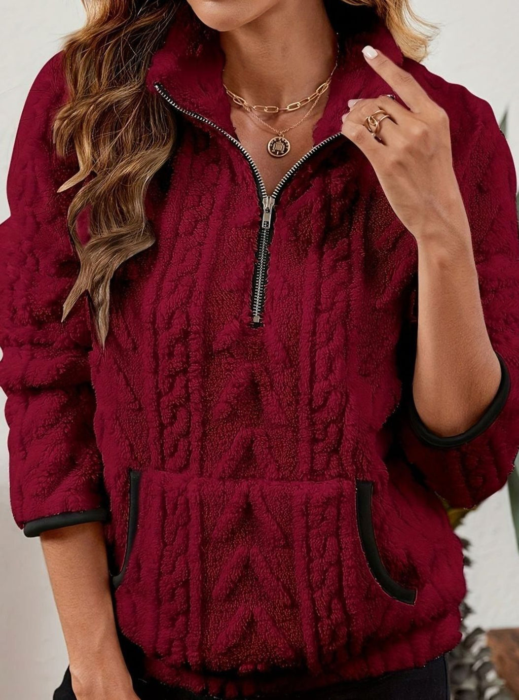 Women's Fleece Half-Zip Pullover Sweater Kangaroo Pocket