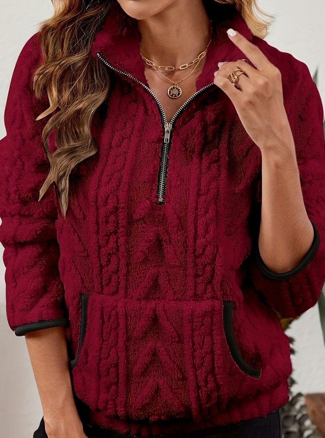 Women's Fleece Half-Zip Pullover Sweater Kangaroo Pocket