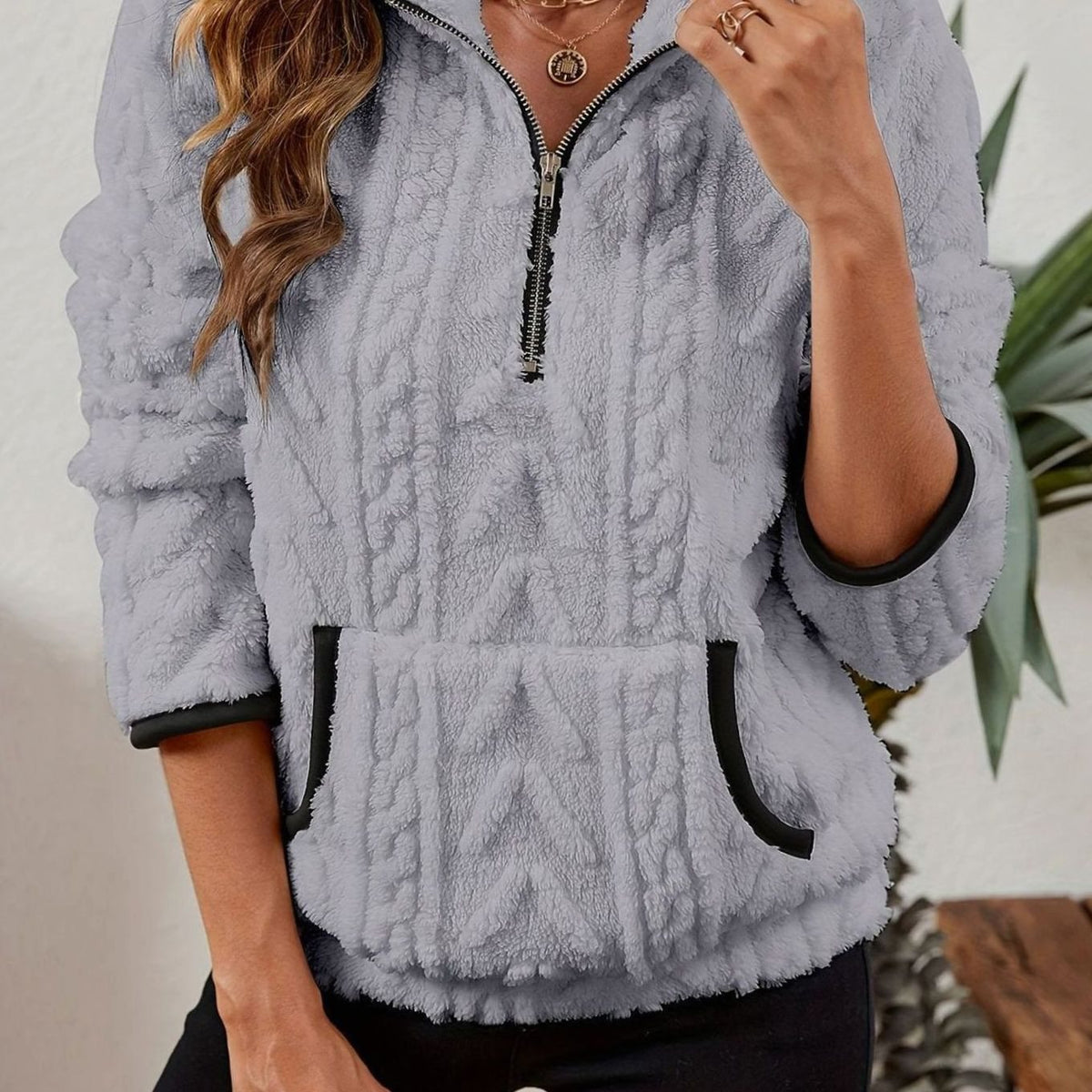 Women's Fleece Half-Zip Pullover Sweater Kangaroo Pocket - Grey