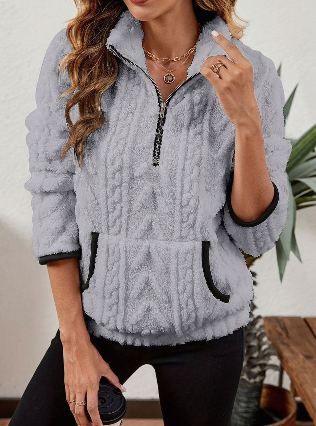 Women's Fleece Half-Zip Pullover Sweater Kangaroo Pocket