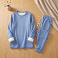 Women's Fleece-Lined Crew Neck Drawstring Jogger Pajama Set - Blue