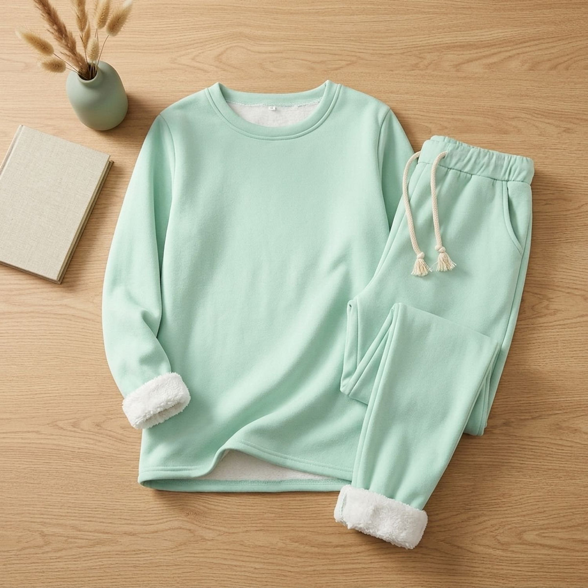 Women's Fleece-Lined Crew Neck Drawstring Jogger Pajama Set - Light Green