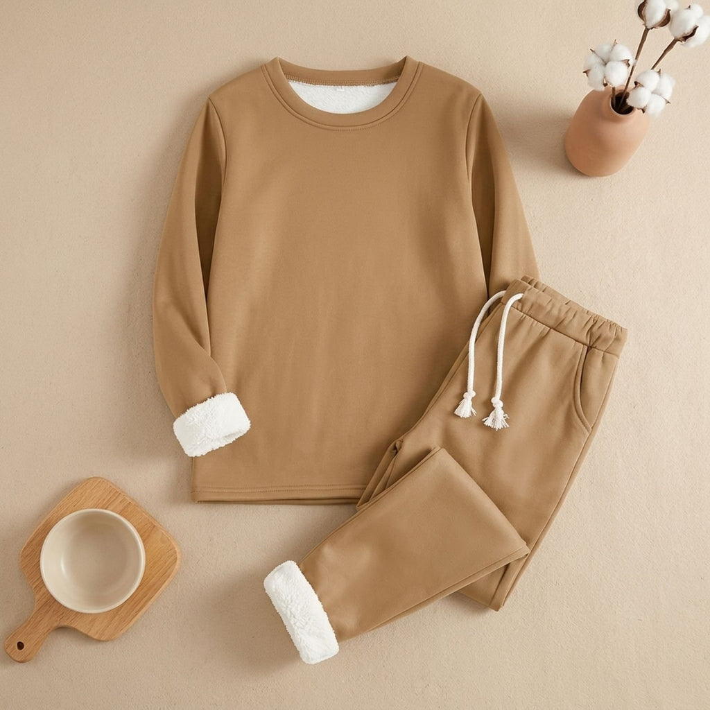 Women's Fleece-Lined Crew Neck Drawstring Jogger Pajama Set - Khaki
