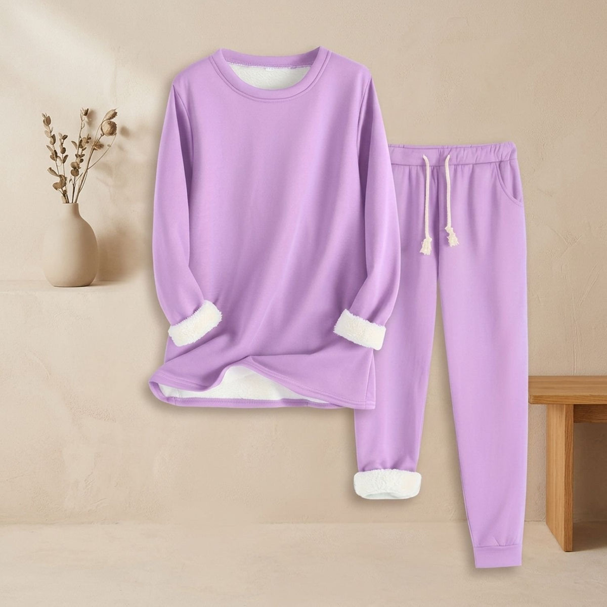 Women's Fleece-Lined Crew Neck Drawstring Jogger Pajama Set - Light Purple