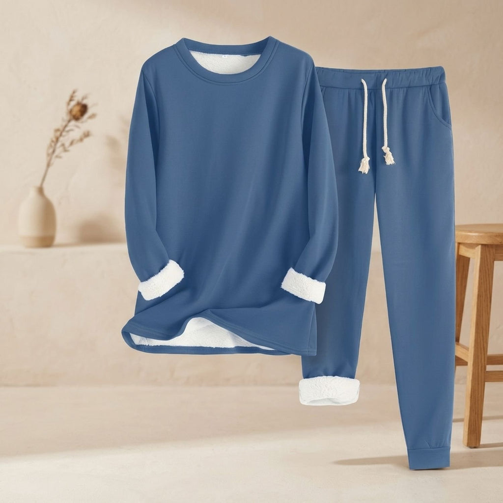 Women's Fleece-Lined Crew Neck Drawstring Jogger Pajama Set