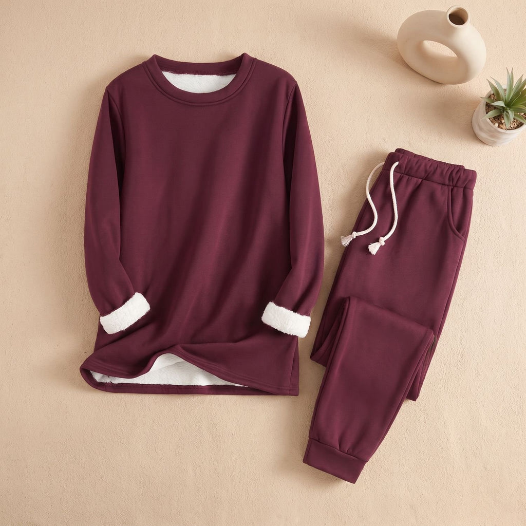 Women's Fleece-Lined Crew Neck Drawstring Jogger Pajama Set - Burgundy