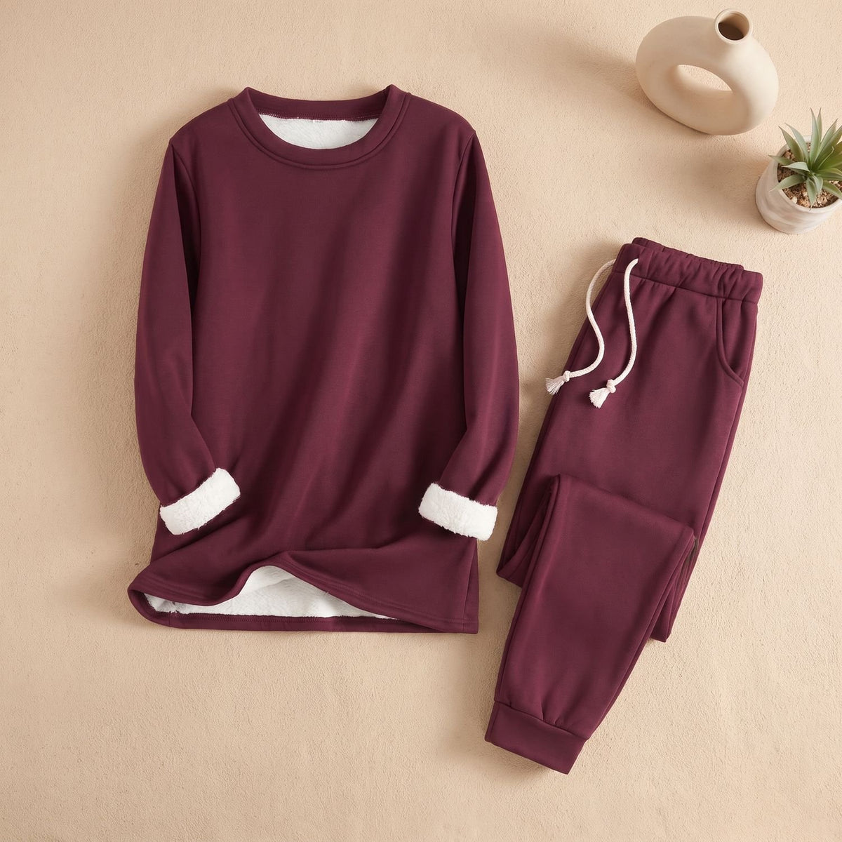 Women's Fleece-Lined Crew Neck Drawstring Jogger Pajama Set - Burgundy