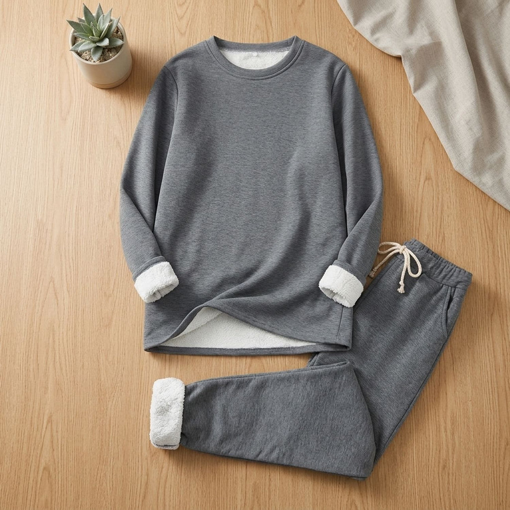 Women's Fleece-Lined Crew Neck Drawstring Jogger Pajama Set - Dark Gray