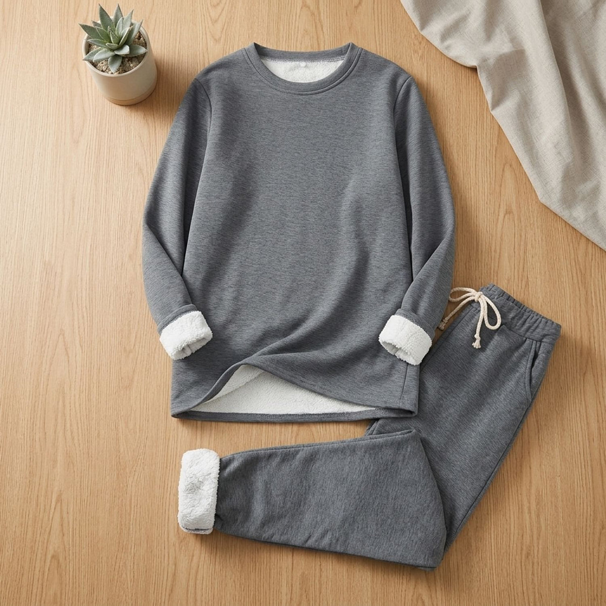 Women's Fleece-Lined Crew Neck Drawstring Jogger Pajama Set - Dark Gray