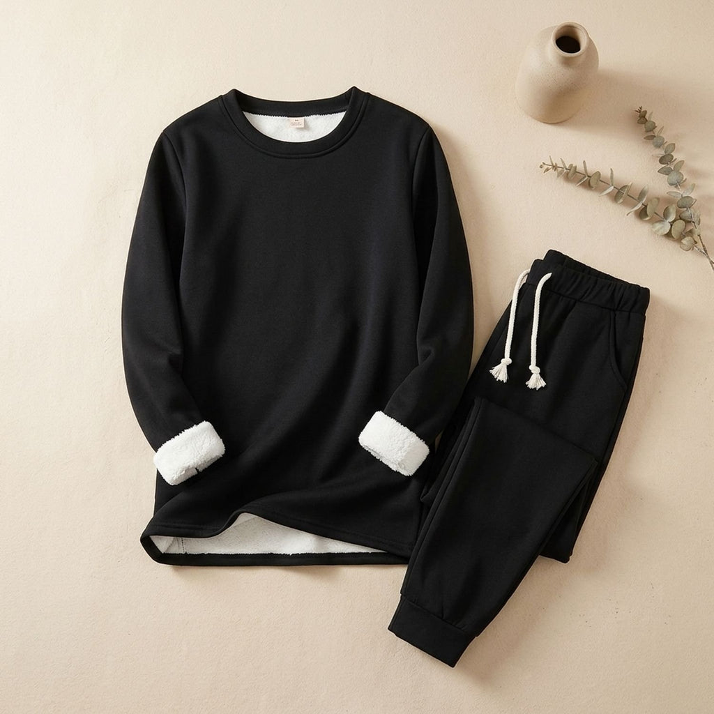 Women's Fleece-Lined Crew Neck Drawstring Jogger Pajama Set - Black