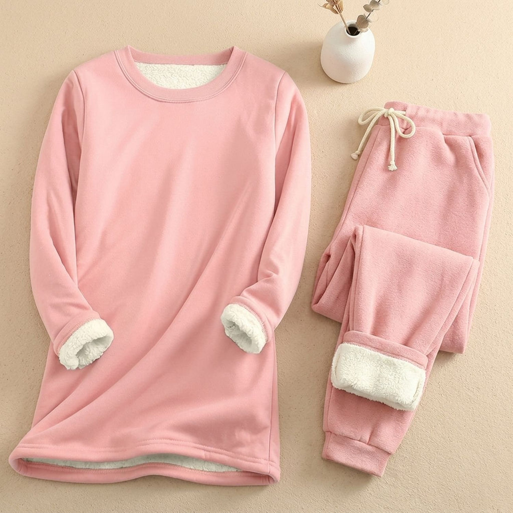 Women's Fleece-Lined Crew Neck Drawstring Jogger Pajama Set - Pink