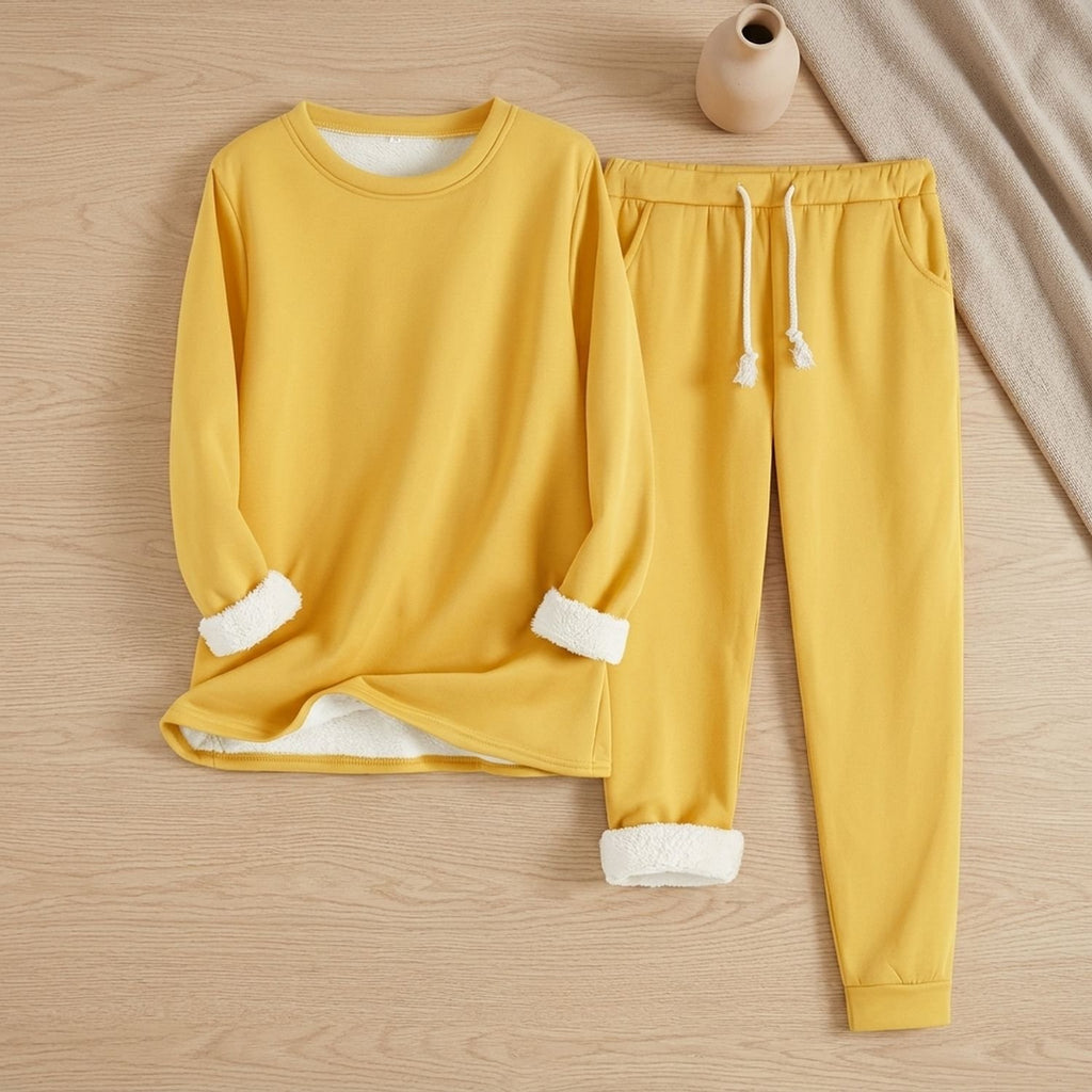 Women's Fleece-Lined Crew Neck Drawstring Jogger Pajama Set - Yellow