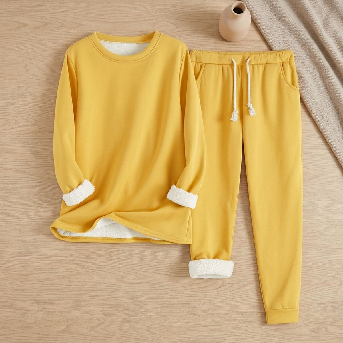 Women's Fleece-Lined Crew Neck Drawstring Jogger Pajama Set - Yellow
