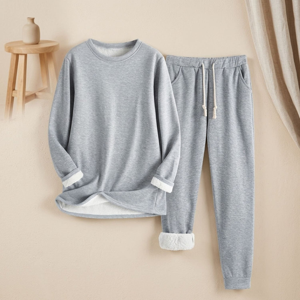 Women's Fleece-Lined Crew Neck Drawstring Jogger Pajama Set - Light Gray