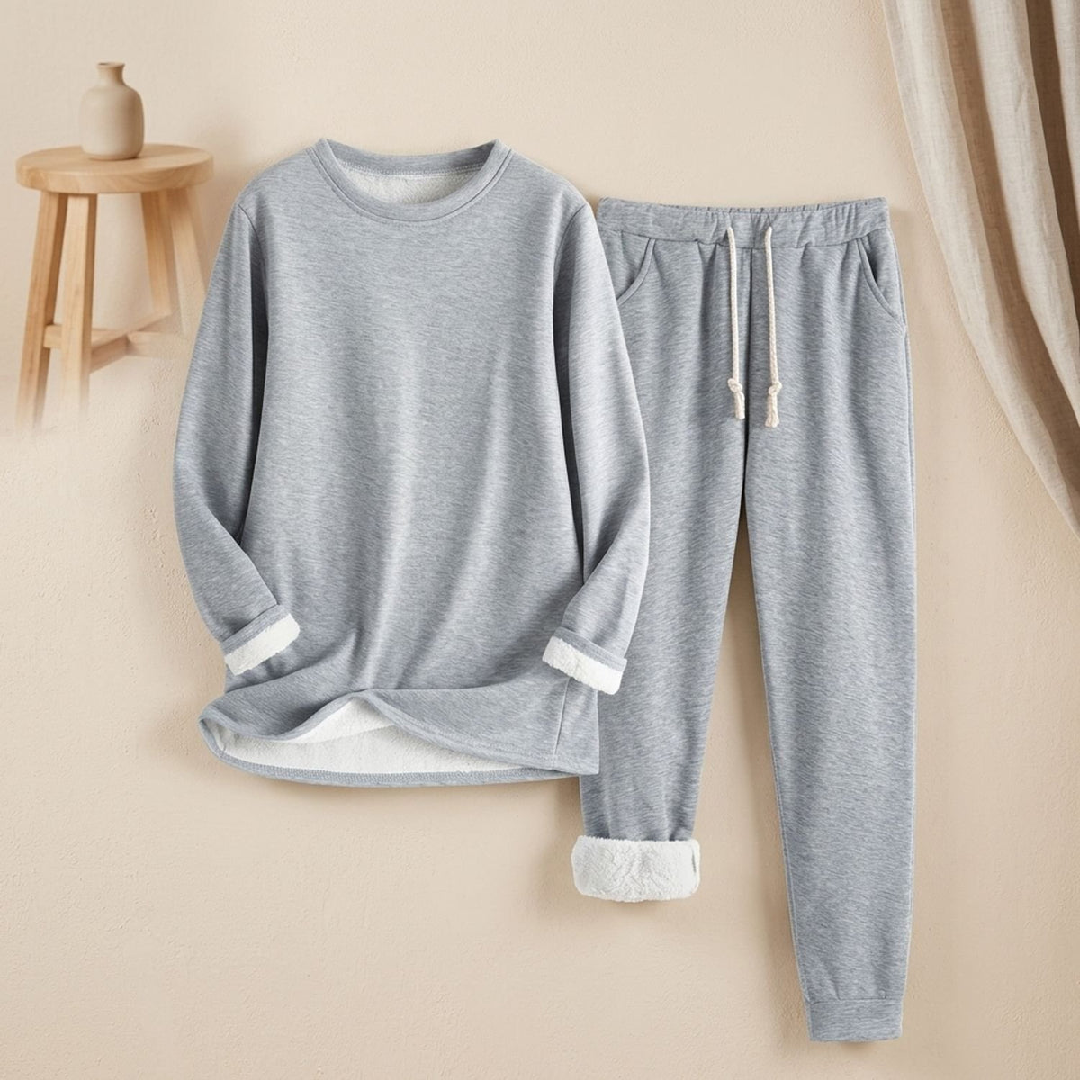 Women's Fleece-Lined Crew Neck Drawstring Jogger Pajama Set - Light Gray