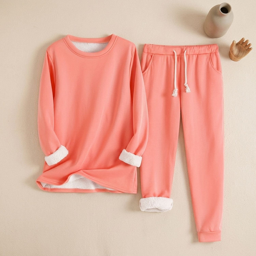Women's Fleece-Lined Crew Neck Drawstring Jogger Pajama Set - Dark Pink
