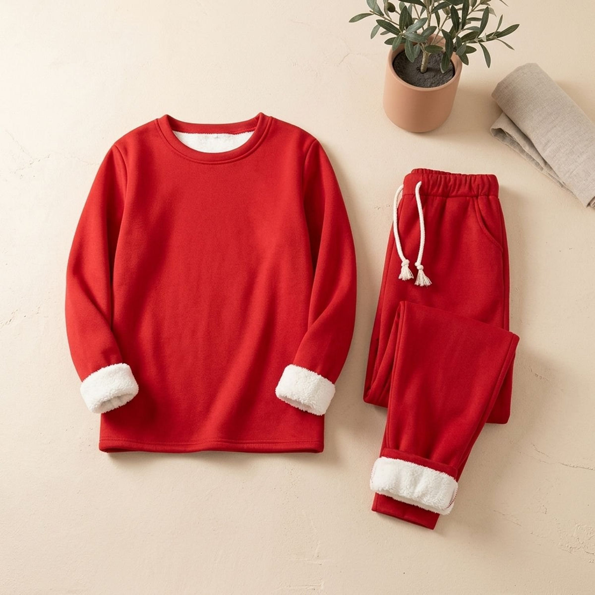 Women's Fleece-Lined Crew Neck Drawstring Jogger Pajama Set - Red