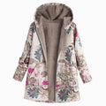 Women's Fleece-Lined Hooded Floral Coat Long-Sleeve Zip-Up - White