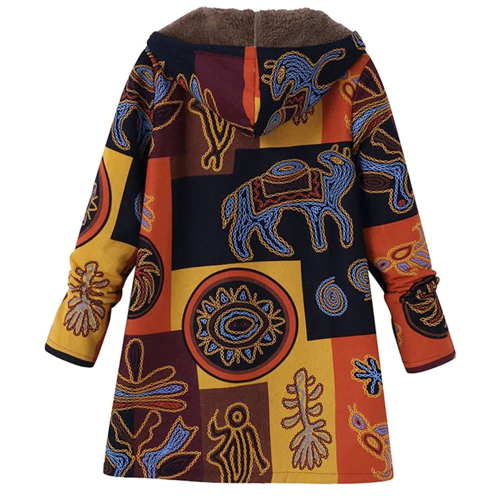 Women's Fleece-Lined Hooded Floral Coat Long-Sleeve Zip-Up - Orange