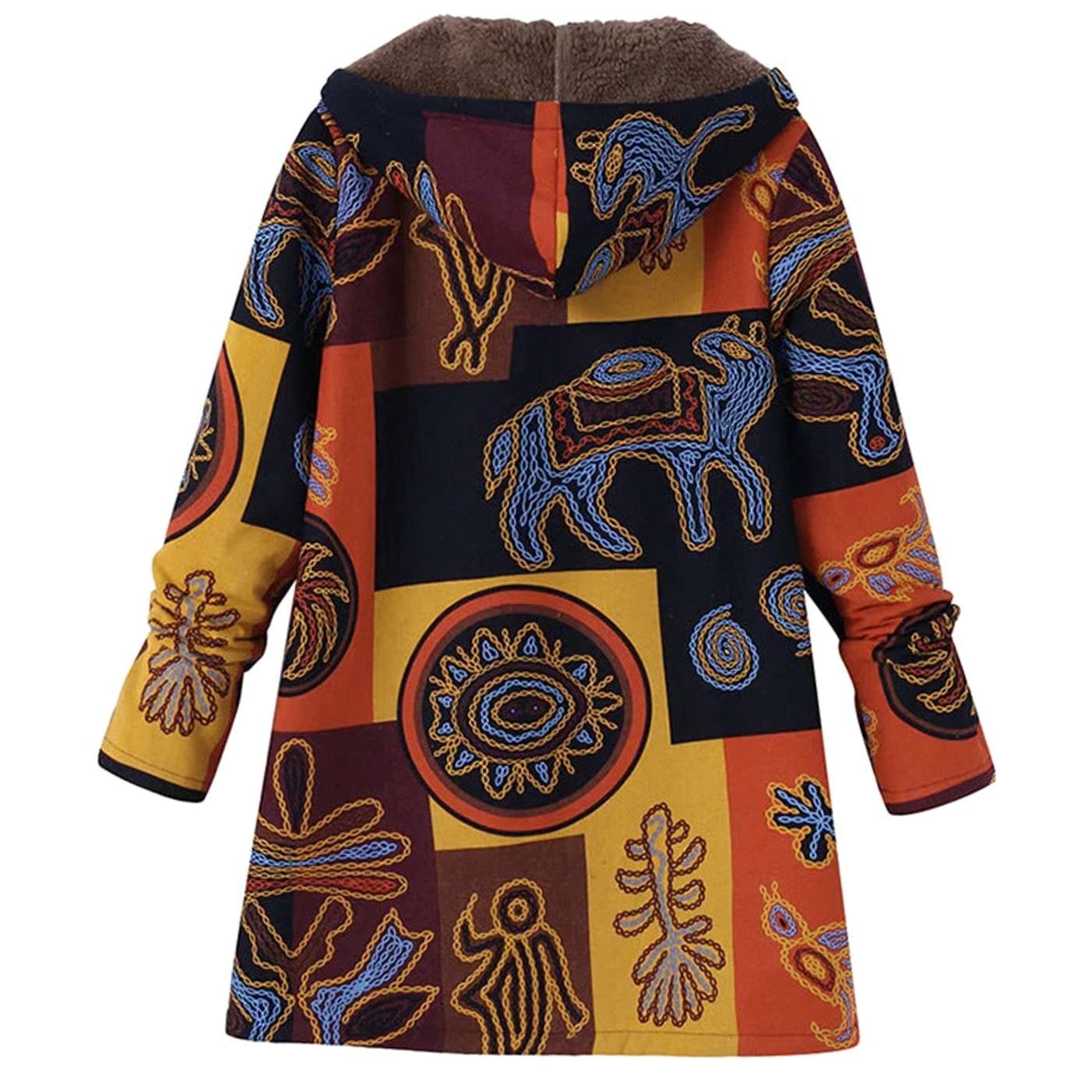 Women's Fleece-Lined Hooded Floral Coat Long-Sleeve Zip-Up - Orange