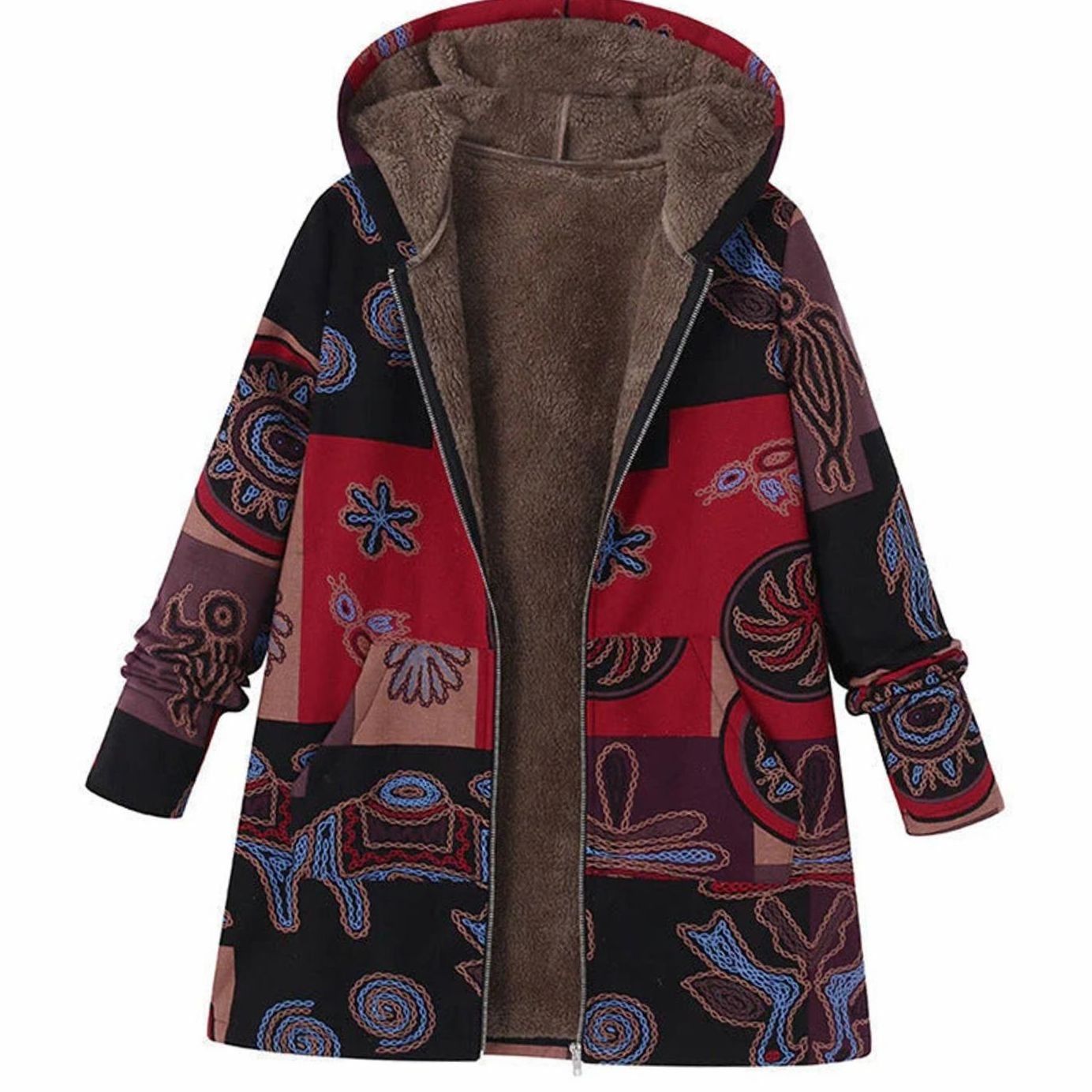 Women's Fleece-Lined Hooded Floral Coat Long-Sleeve Zip-Up - Brown
