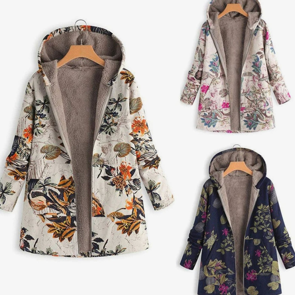 Women's Fleece-Lined Hooded Floral Coat Long-Sleeve Zip-Up