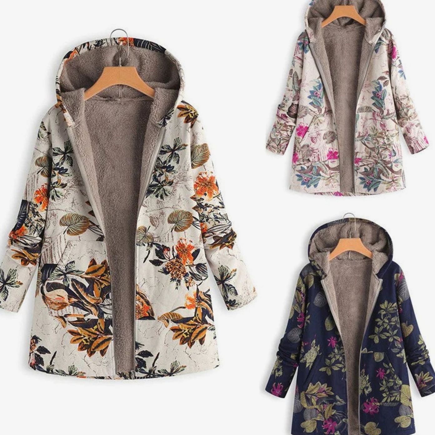 Women's Fleece-Lined Hooded Floral Coat Long-Sleeve Zip-Up