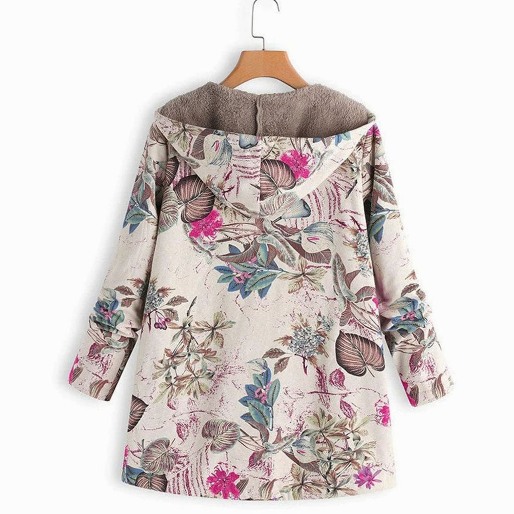Women's Fleece-Lined Hooded Floral Coat Long-Sleeve Zip-Up