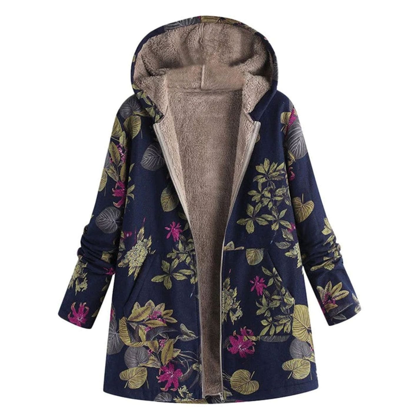 Women's Fleece-Lined Hooded Floral Coat Long-Sleeve Zip-Up - Blue