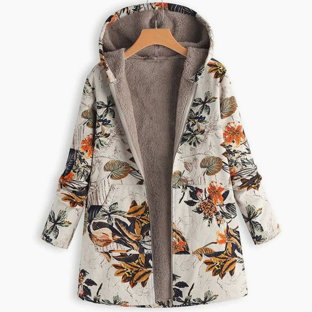 Women's Fleece-Lined Hooded Floral Coat Long-Sleeve Zip-Up - Beige
